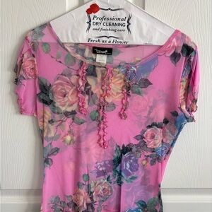 Vintage Hot Papaya Floral Sheer Top